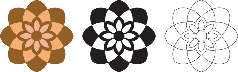 Mandala Pattern Designs in three different styles, floral mandal indian style black and white, colored and outlined vector illustration on white background, hand drawn indian traditional and cultural