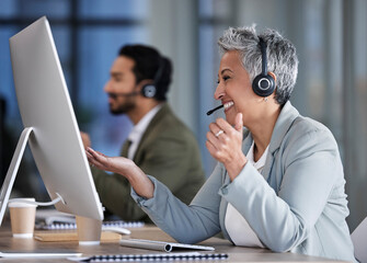 Senior woman, call center and consulting in telemarketing, customer service or support at office desk. Happy elderly female consultant smile with headset for marketing, help or consultation advice - obrazy, fototapety, plakaty