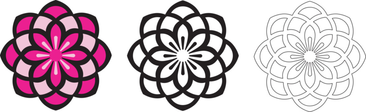 Mandala Pattern Designs in three different styles, floral mandal indian style black and white, colored and outlined vector illustration on white background, hand drawn indian traditional and cultural