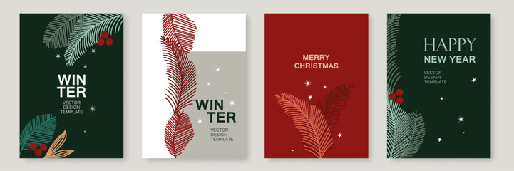 Winter Holiday Trendy Background Set with Christmas Tree Branches. Xmas Vector Templates Poster Design, Card, Banner, Flyer, Cover, Modern Brochure, Social Media, Winter Sale. - obrazy, fototapety, plakaty