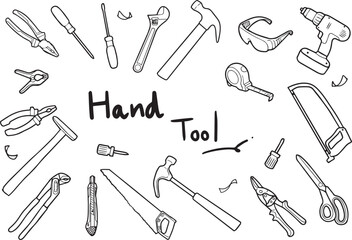 Vector hand drawn black lines on a white background, clearly separated carpentry equipment, craftsman, handicrafts, basic essential equipment of a carpenter, clean lines.