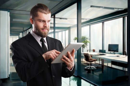 Smiling business worker wearing suit hold digital tablet, AI generated image