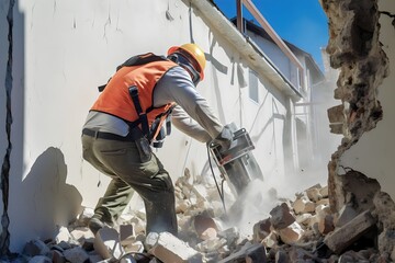 workers demolishing walls disassembling and rearranging with sledgehammers - obrazy, fototapety, plakaty