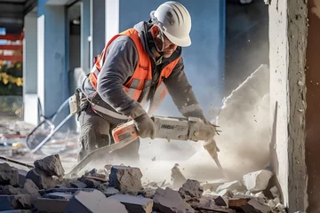 Fotobehang workers demolishing walls disassembling and rearranging with sledgehammers © Salsabila Ariadina