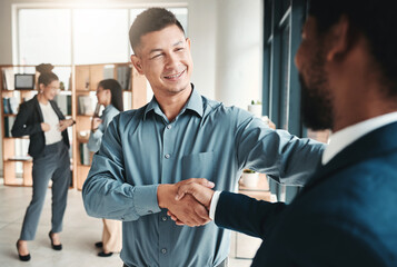Handshake, partnership and collaboration of business people in office for contract, deal or onboarding. Thank you, welcome and employees shaking hands for hiring, recruitment or agreement, b2b or crm