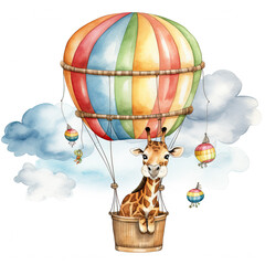 Safari Animal set giraffe, hippopotamus,in hot air balloon Illustration, Generative Ai