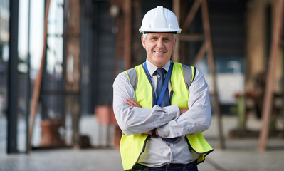 Portrait of senior engineer man at a construction site outdoor for building project management....