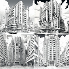 front of Building, Manga, thick lines, skyscraper building drawing Illustration