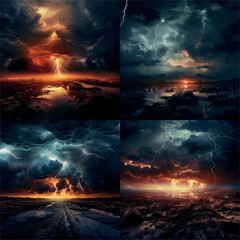 horizon light, lightening, in a apocalyptic Illustration background