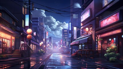 anime background landscape night street in tokyo city japan