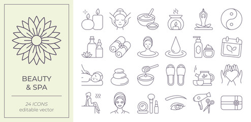 Beauty & SPA icons set. Vector Editable lines. Set of items and accessories for relaxing.