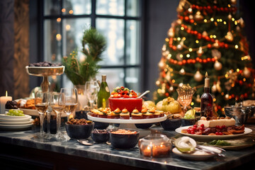 Naklejka premium A Christmas Dinner Table Laden with Delectable Dishes and Snacks, Adorned with New Year's Decor and Set Against the Backdrop of a Majestic Christmas Tree Feast of Joy