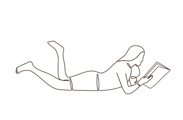 Abstract modern line art of young woman lie down reading a book at home relaxing. Looking happy alone. design element.