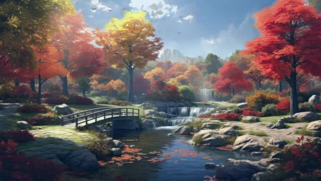 Red maple trees surround serene cascading waterfall. Tranquility in nature.