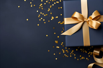 A Dark Blue Gift Box Tied with a Luxurious Gold Satin Ribbon on a Dark Background. Top View of a Birthday Gift with Ample Copy Space, Perfect for Holiday or Christmas Present Gifting Gift of Elegance