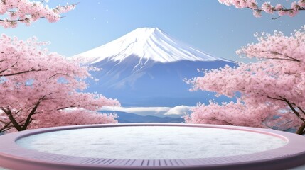 Podium pedestal for product presentation for promote tourism on fuji mountain and sakura blooming background in Japan. - obrazy, fototapety, plakaty