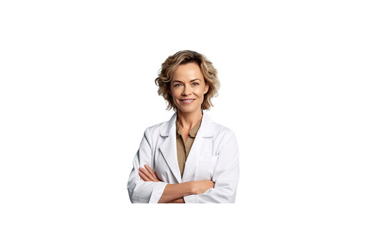 The female doctor stands with her arms crossed and smiles at the camera. transparent background