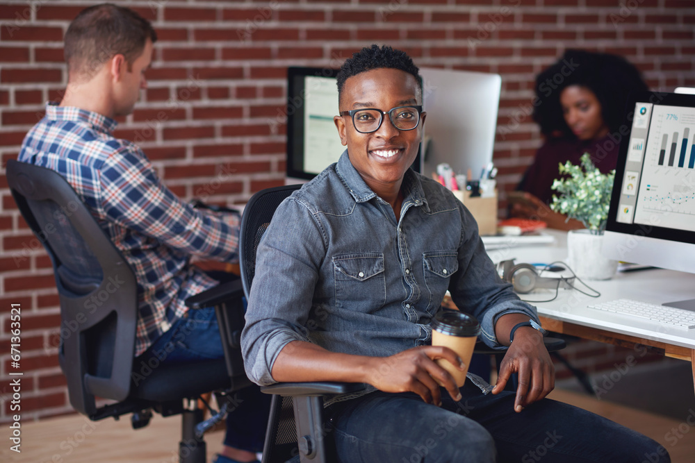 Poster Computer, office portrait and black man at startup tech company for data analysis, digital graphs and chart. Desktop worker, information technology employee or person smile working at workspace desk