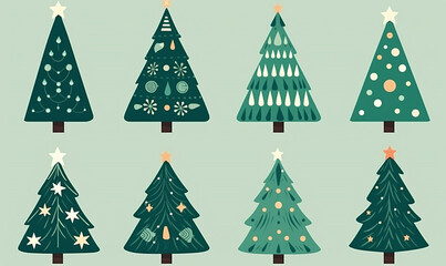 Icon set of fir trees. Decoration for New Year, winter holidays. Set of cartoon Christmas trees for greeting card. Stickers with simple background.