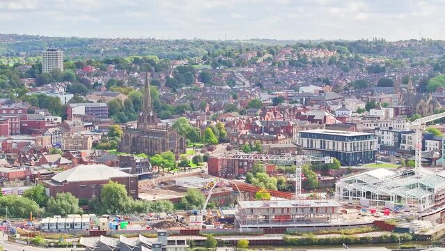 City Views And The Minster Church of All Saints In The Background In Rotherham, England. Aerial Drone Shot