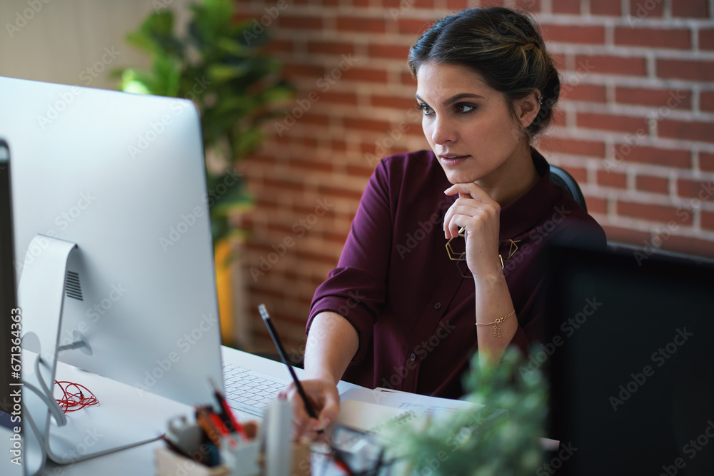 Poster Business woman, computer and writing of employee with web design notebook planning. Digital designer, working and worker reading data at a office desk with ideas for website and project for company