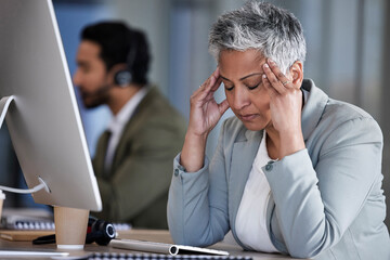 Headache, senior woman and business stress of office employee with work burnout. Mental health, working and anxiety problem of a elderly worker feeling frustrated from 404 computer glitch at company