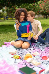 Couple toasting with champagne while using phone in a picnic