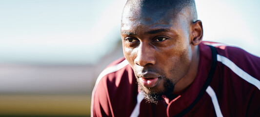 Tired, breathing and black man in sports training, competition or game focus on rugby field, blue...