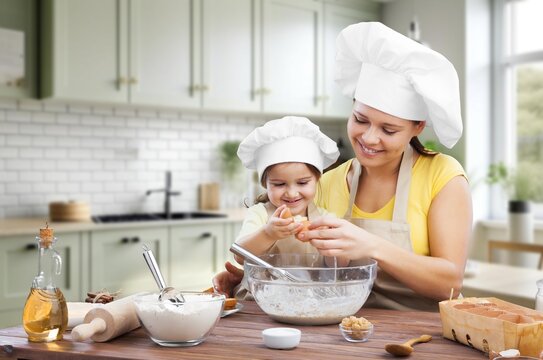 Attractive mother cooking with her cute daughter at home, AI generated image