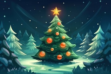 Cartoon-themed illustrations beautifully depict Christmas tree decorations against the backdrop of moonlight against the glittering snow of the night.