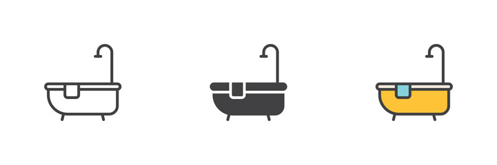 Bathtub with shower and towel different style icon set