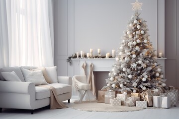 Christmas, white modern living room. Modern interior design