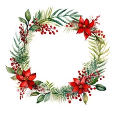 Christmas wreath of red poinsettia and leaves. Watercolor illustration