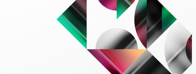 Elegant minimalist background with color metallic circles and triangles, creating harmonious composition of geometric shapes for wallpaper, banner, background, landing page