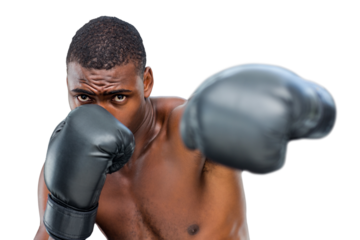 Digital png photo of focused african american boxer during fight on transparent background