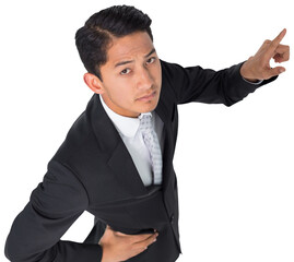 Digital png photo of serious biracial businessman pointing finger on transparent background