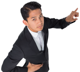 Digital png photo of serious biracial businessman pointing finger on transparent background