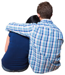 Digital png photo of back view of caucasian couple sitting and embracing on transparent background