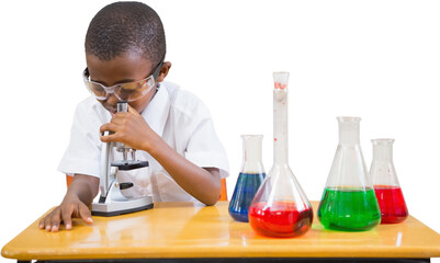 Digital png photo of african american boy looking through microscope on transparent background