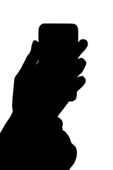 Digital png silhouette of hand holding smartphone on transparent background