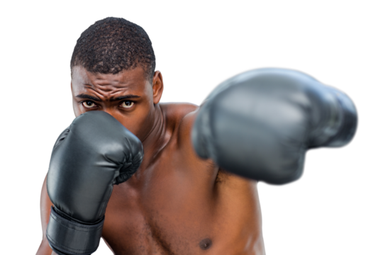 Digital png photo of focused african american boxer during fight on transparent background
