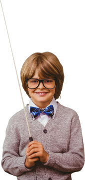 Digital png photo of happy caucasian schoolboy holding pointer on transparent background