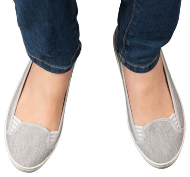 Digital png photo of woman's feet with gray flat shoes on transparent background
