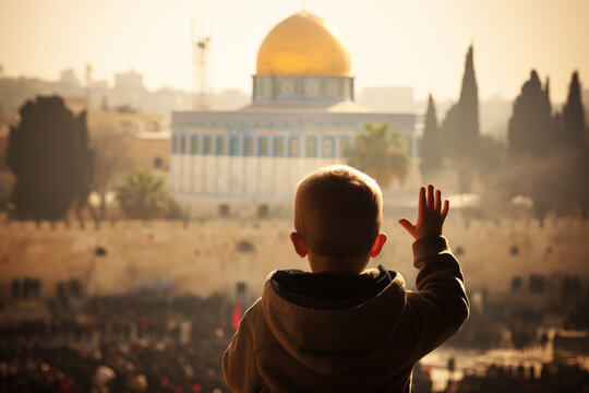 Palestine kid or child looking at al aqsa mosque with free palestine aqsa mosque protect concept.