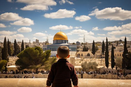 Palestine kid or child looking at al aqsa mosque with free palestine aqsa mosque protect concept.