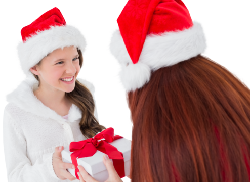 Digital png photo of happy caucasian mother and daughter sharing present on transparent background