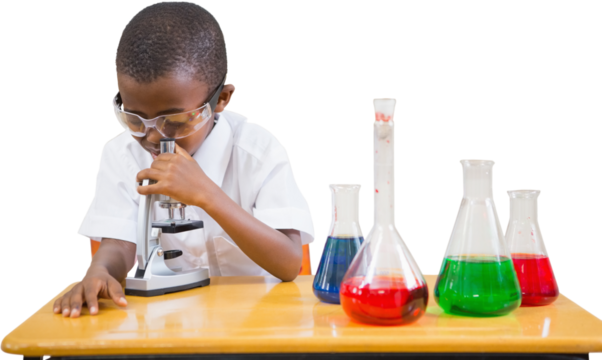 Digital png photo of african american boy looking through microscope on transparent background