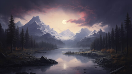 Fototapeta na wymiar Peaceful fantasy landscape background illustration
