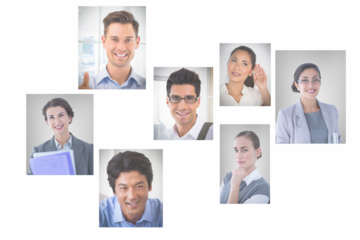 Digital png photo of screens with faces of diverse businesspeople on transparent background