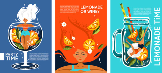 Stylish illustration of a woman, cocktail and lemonade. Flat style for menus, advertisements, prints, postcards, posters and other